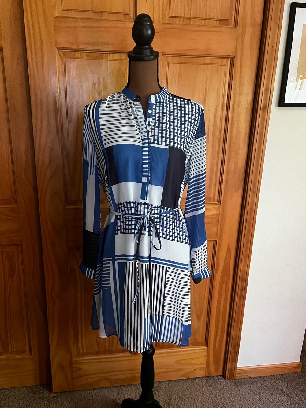 LOFT Blue and White Long-Sleeve Patchwork Shirt Dress